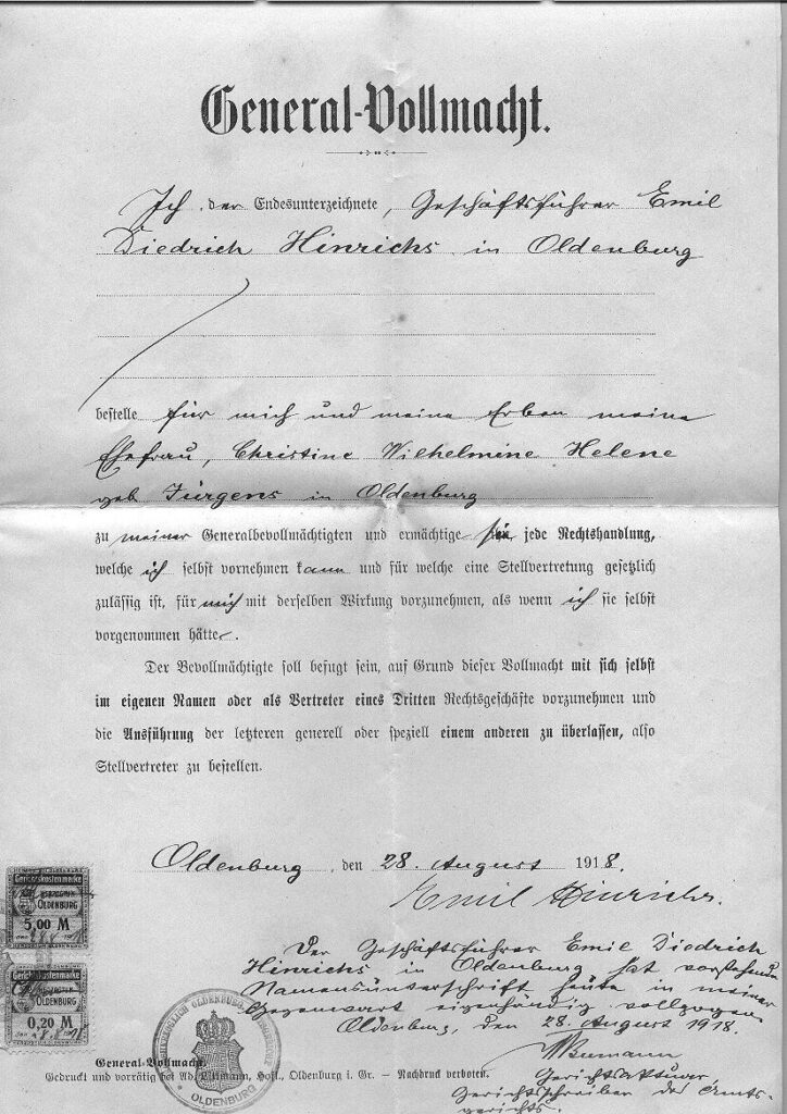 Vollmacht Emil Hinrichs